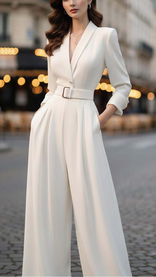 Ivory Belted Power Jumpsuit with Blazer-Inspired Bodice and Wide-Leg Trousers 0