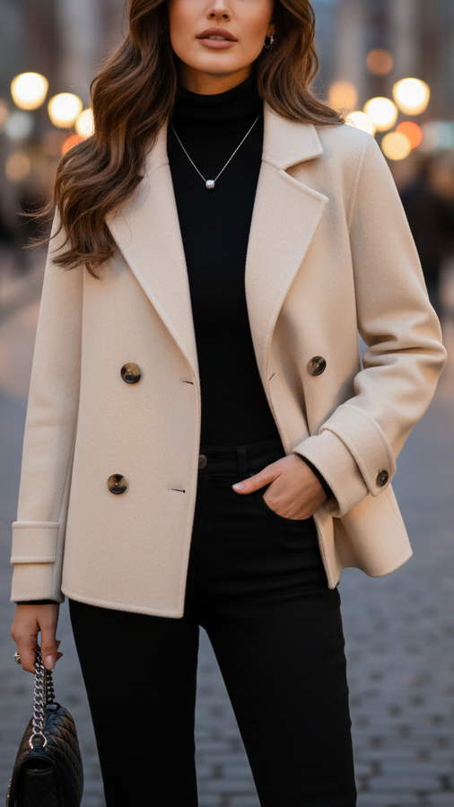 Ivory Short Double-Breasted Coat with Oversized Lapel and Black Buttons 0