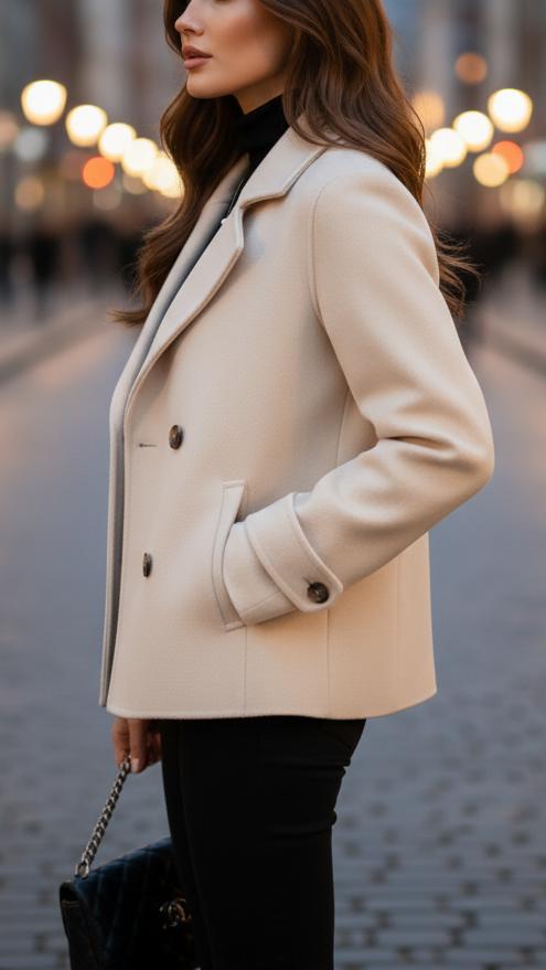 Ivory Short Double-Breasted Coat with Oversized Lapel and Black Buttons 2
