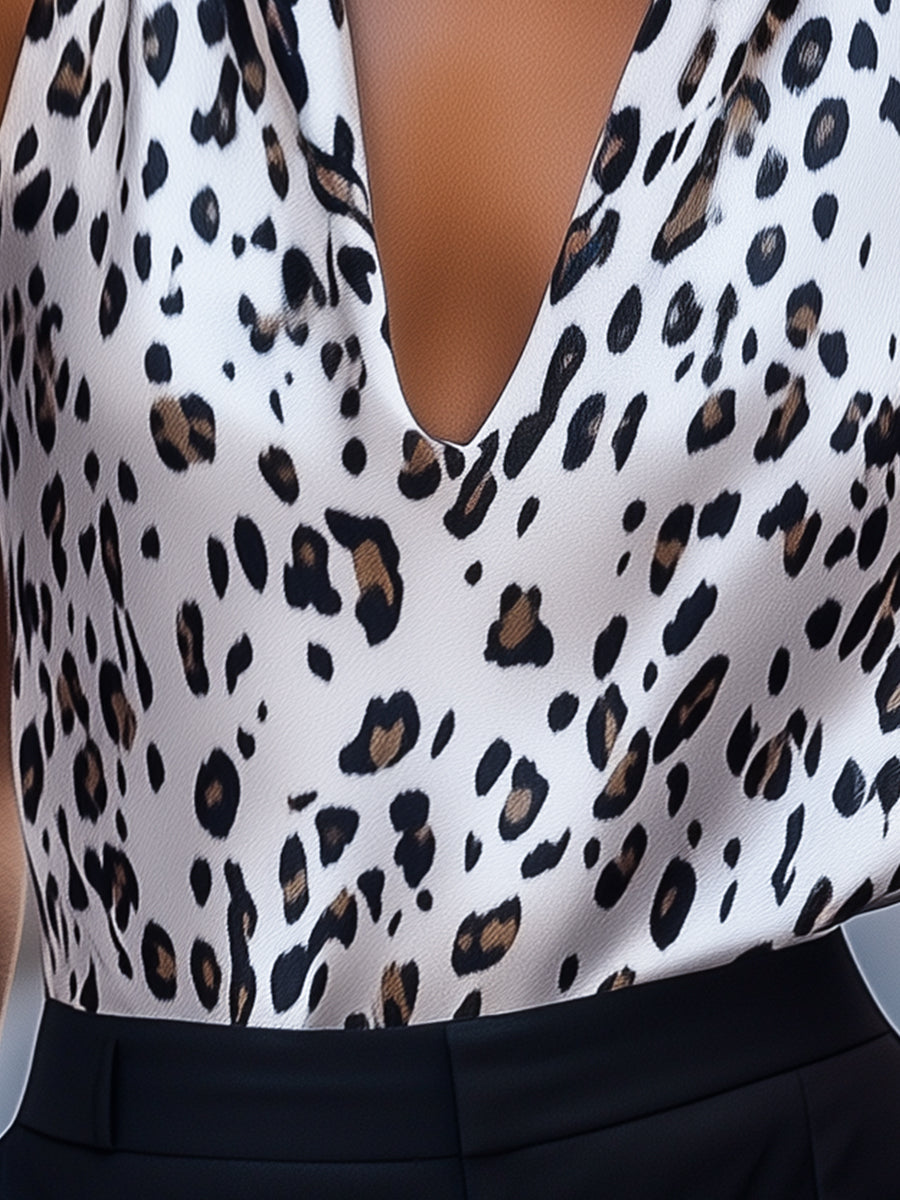 Leopard Print Satin Halter Top with Scarf Detail – Elegant Evening Wear 2