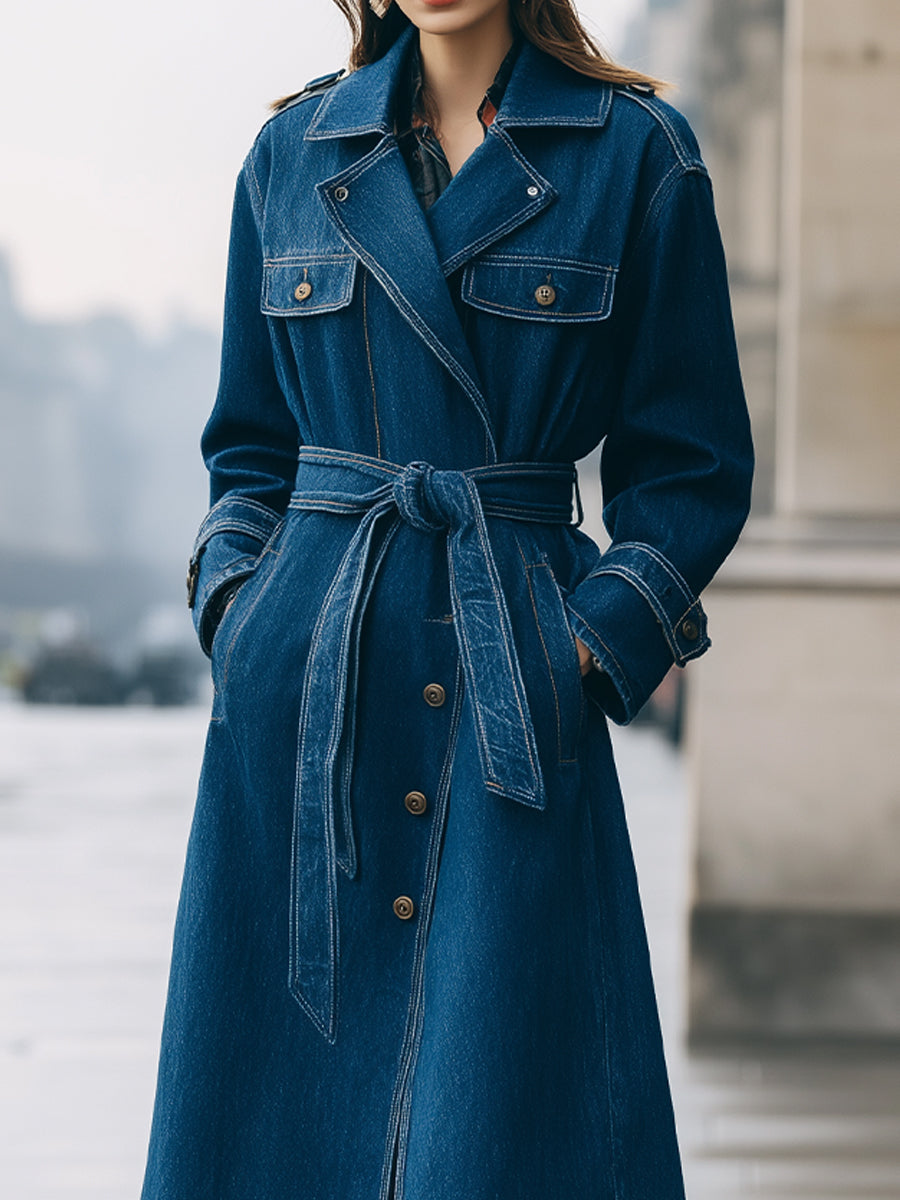 Longline Denim Trench Coat for Women with Belt - Ankle-Length Stylish Outerwear in Deep Indigo 1