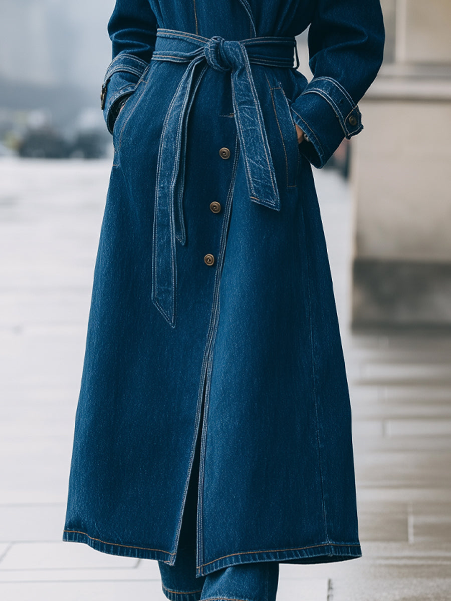 Longline Denim Trench Coat for Women with Belt - Ankle-Length Stylish Outerwear in Deep Indigo 2