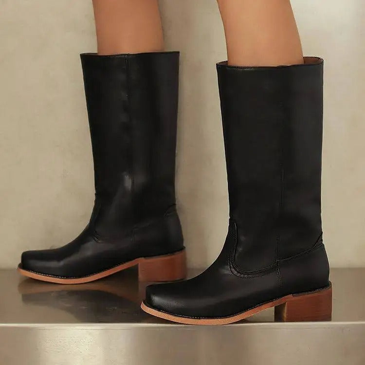 Luna | Black Knee High Boots with Stacked Heel - ginlerie 1