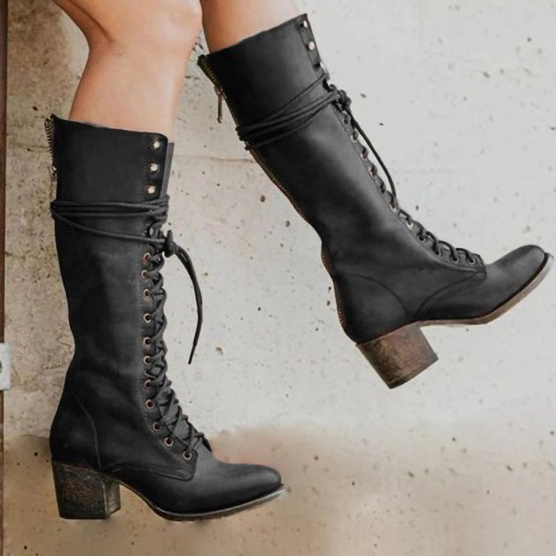 Luna | Black Knee High Lace-Up Boots - ginlerie 1
