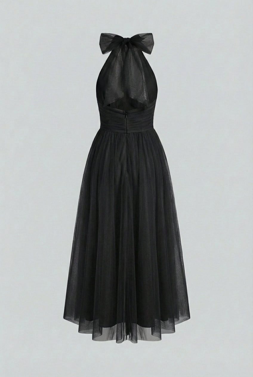 Luna | Black Satin Midi Dress - ginlerie 5