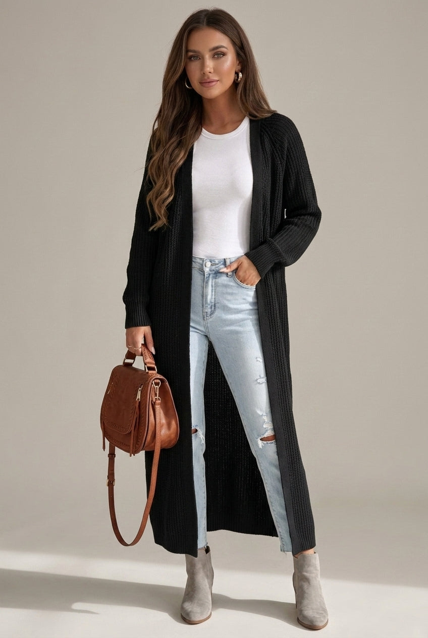 Luna | Long Waffle Knit Cardigan Sweater - ginlerie 3