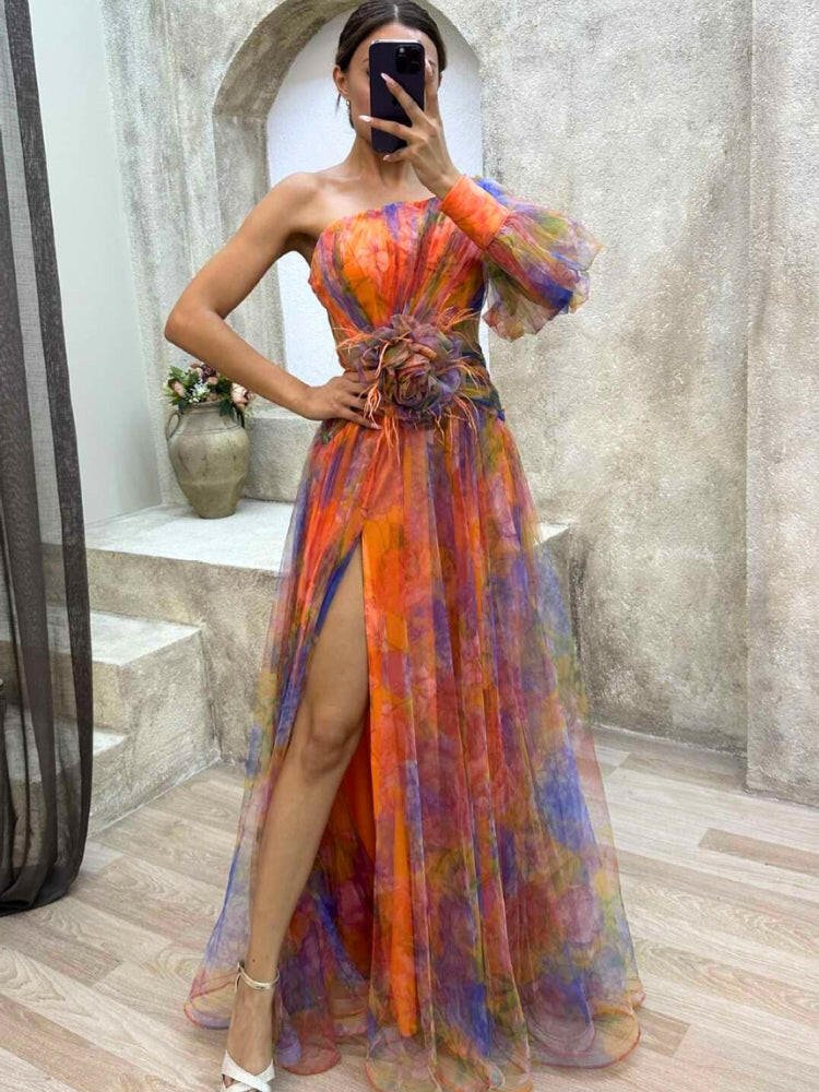 Luna | One-Shoulder Floral Maxi Dress - ginlerie 1