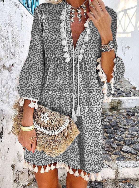 Luna | V-Neck Tassel Detail Mini Dress - ginlerie 0