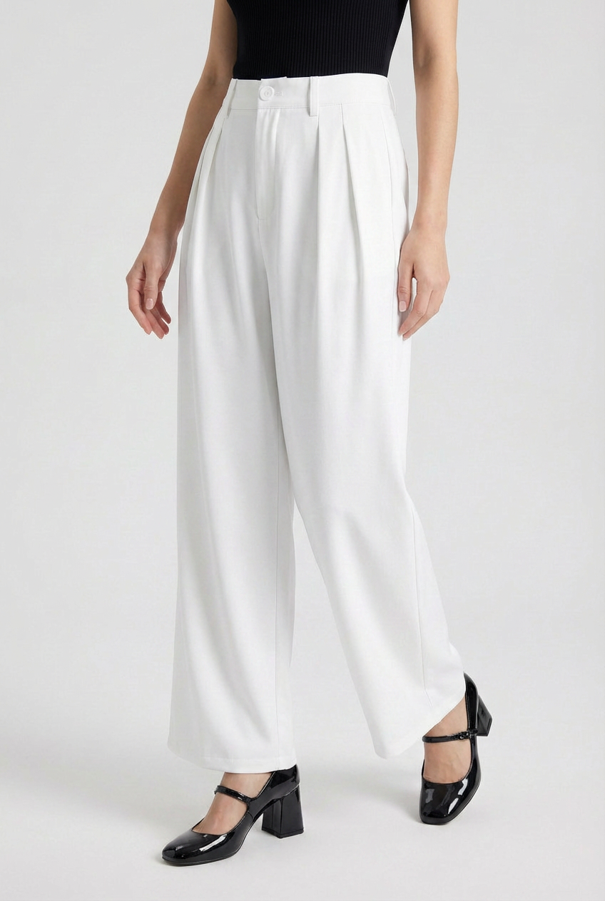 Luna | White Linen High-Waisted Pleated Pants - ginlerie 2