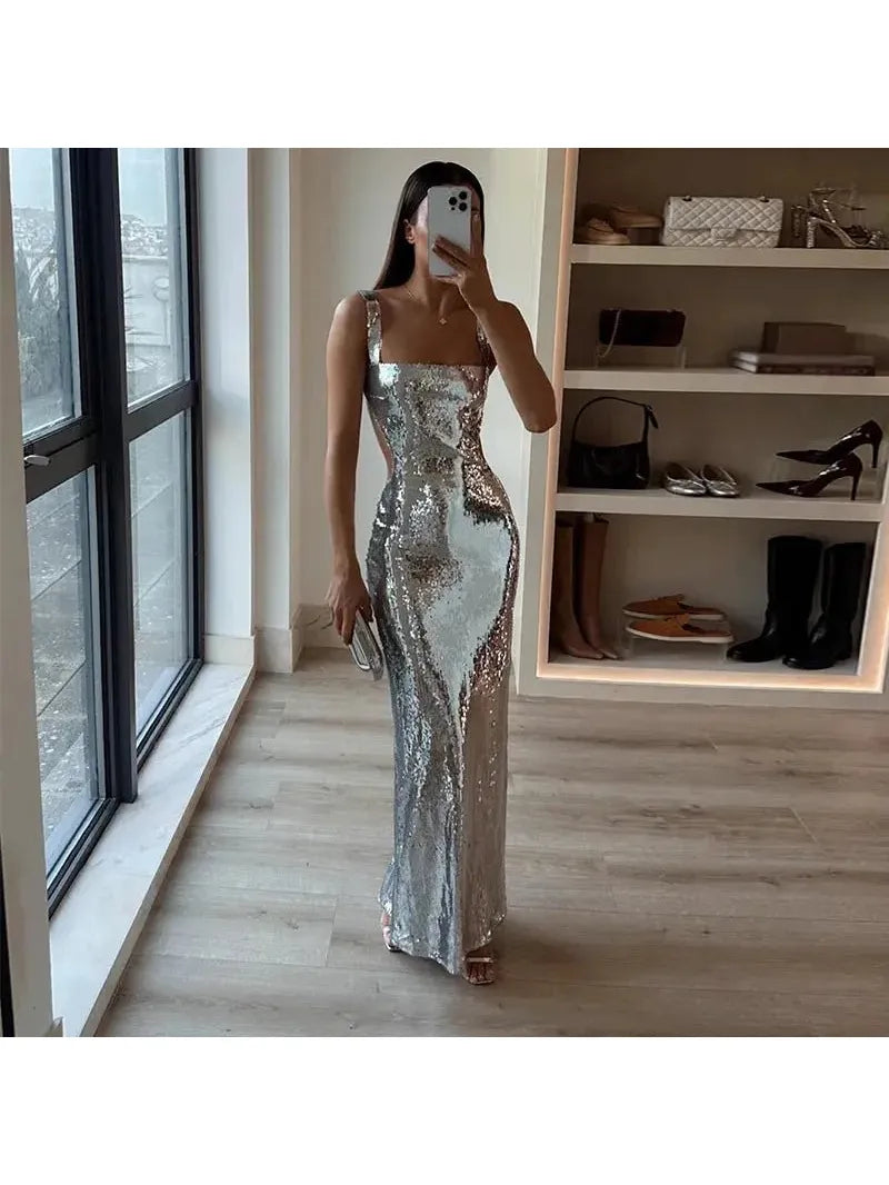 Michaela - Spaghetti Strap Shimmer Maxi Dress
