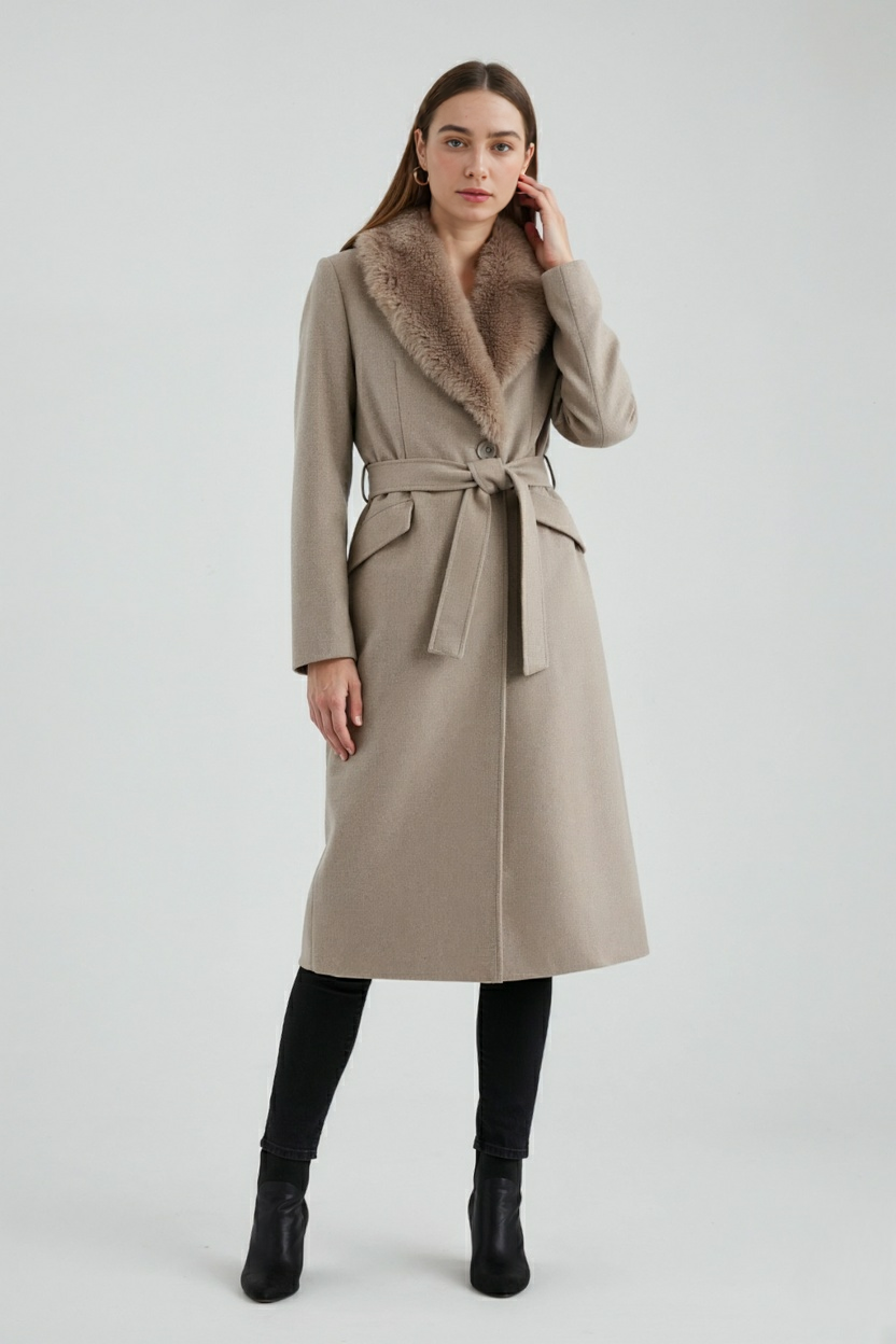 Nadia | Khaki Coat with Fur Collar - ginlerie 2