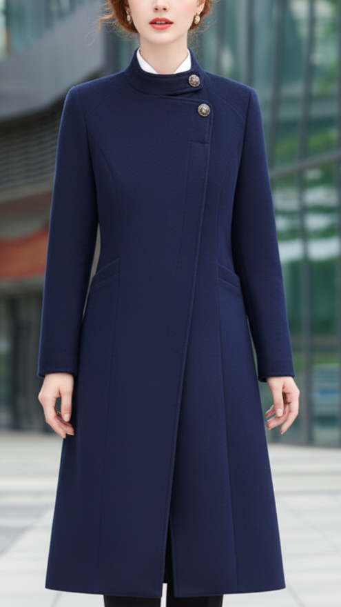Navy Maxi Coat for Women - Long Wool Coat with Asymmetrical Button Closure and Tailored Fit 0