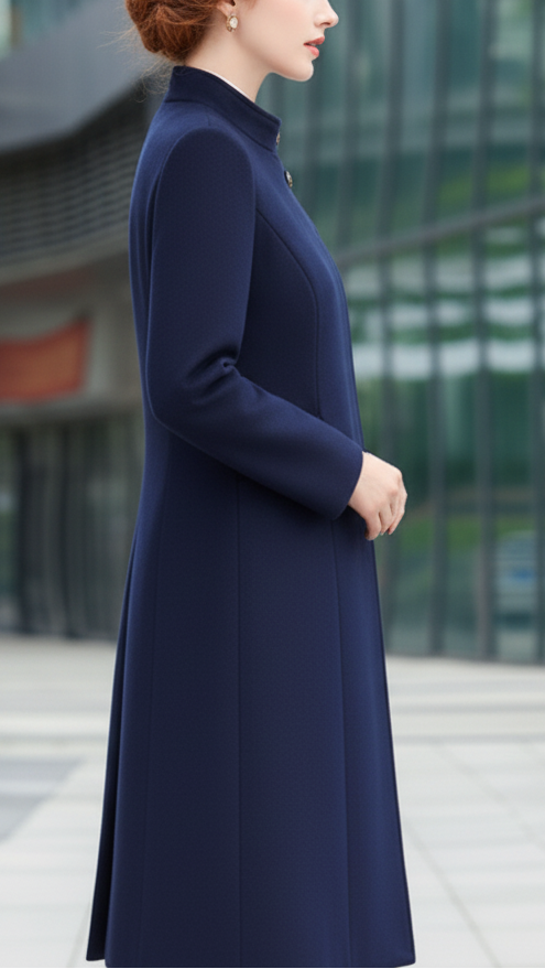 Navy Maxi Coat for Women - Long Wool Coat with Asymmetrical Button Closure and Tailored Fit 2