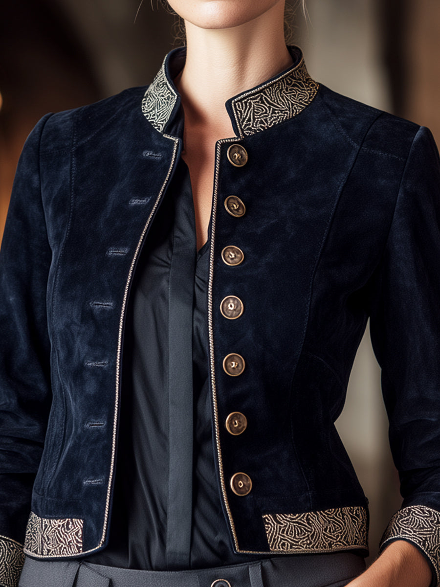 Navy Military-Inspired Jacket with Embroidered Design – Premium Suede Outerwear for Women 1