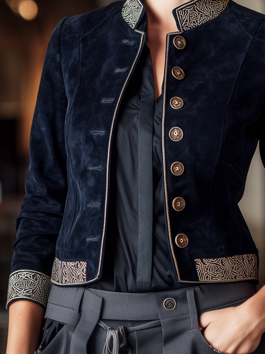 Navy Military-Inspired Jacket with Embroidered Design – Premium Suede Outerwear for Women 2