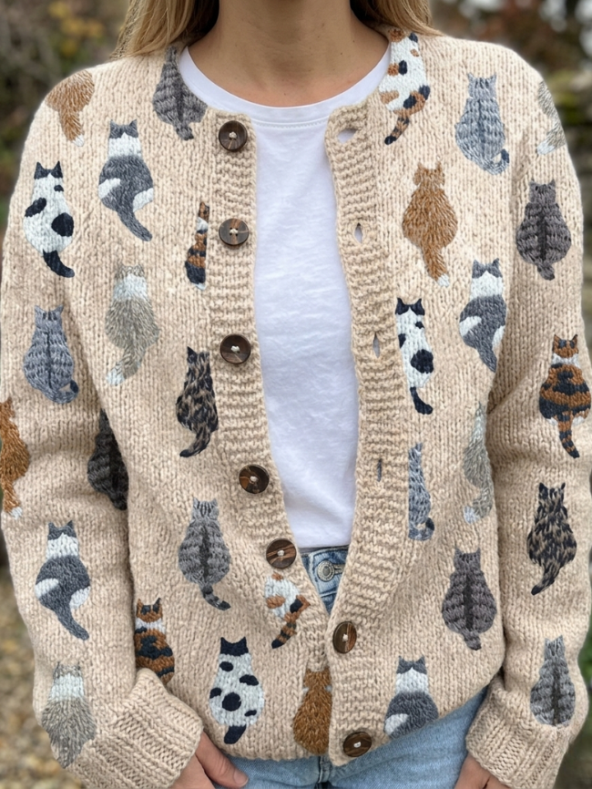 Nina | Cat Print Cardigan Sweater - ginlerie 0