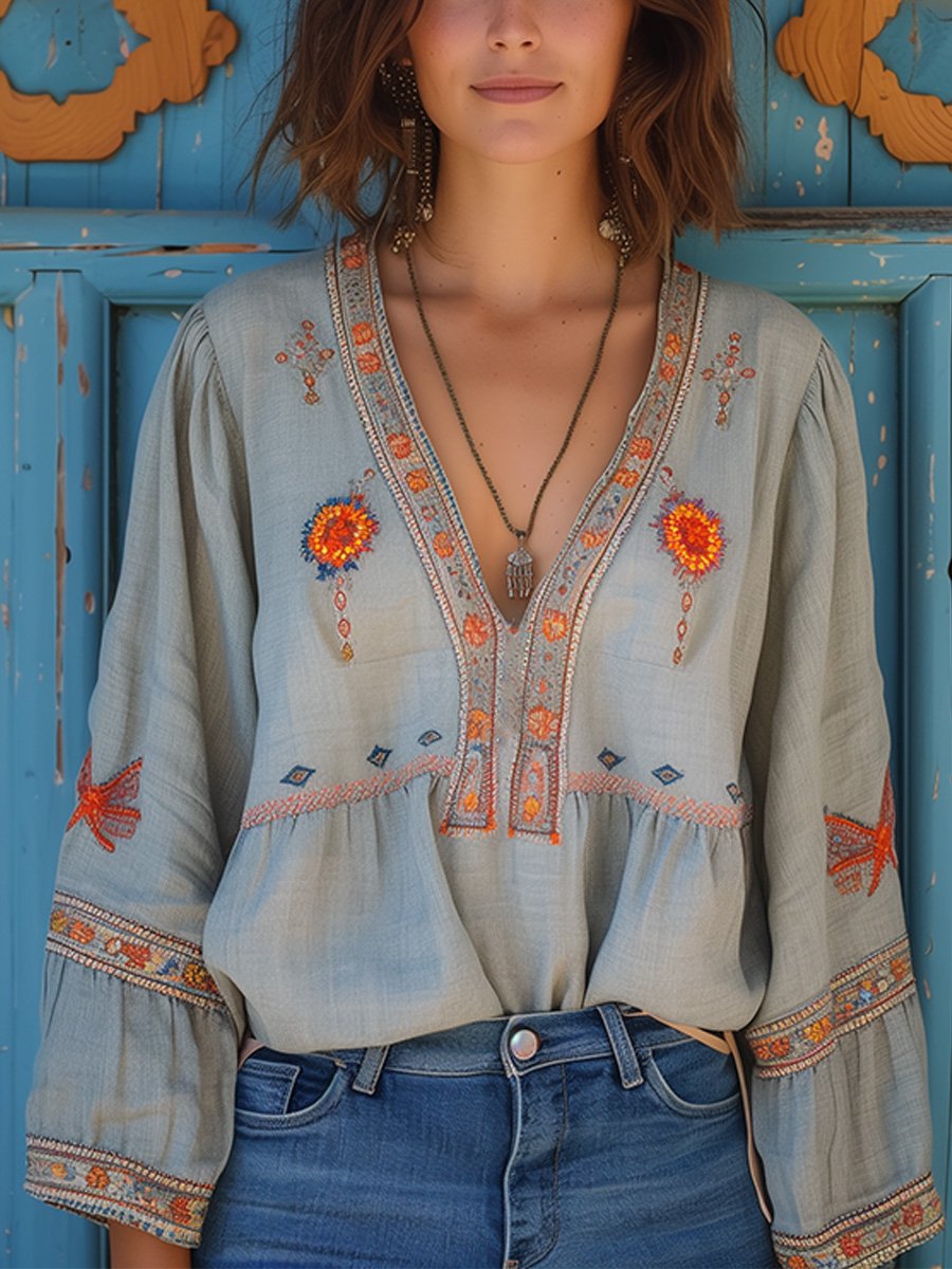 Nina | Embroidered V Neck Blouse - ginlerie 0