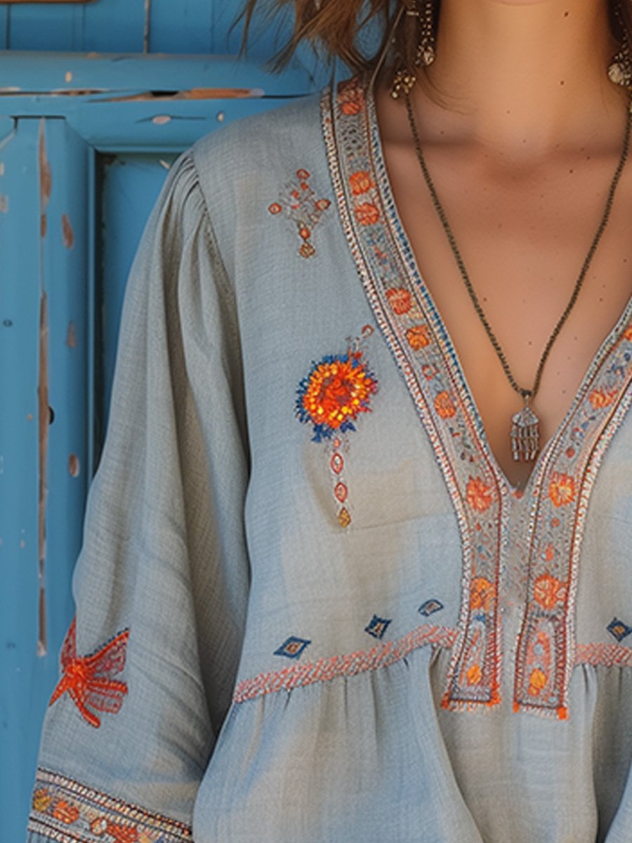 Nina | Embroidered V Neck Blouse - ginlerie 2