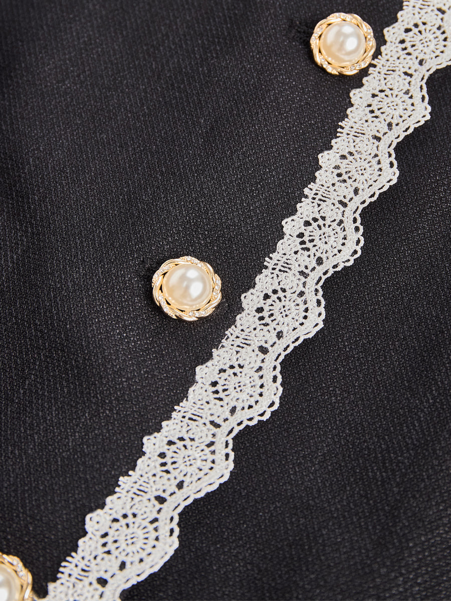 Pearl Button Blazer with Lace Trim – Structured Black Blazer for Versatile Wear 3