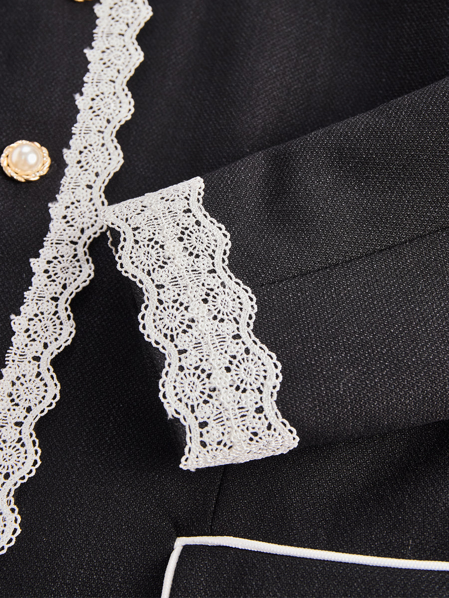 Pearl Button Blazer with Lace Trim – Structured Black Blazer for Versatile Wear 4