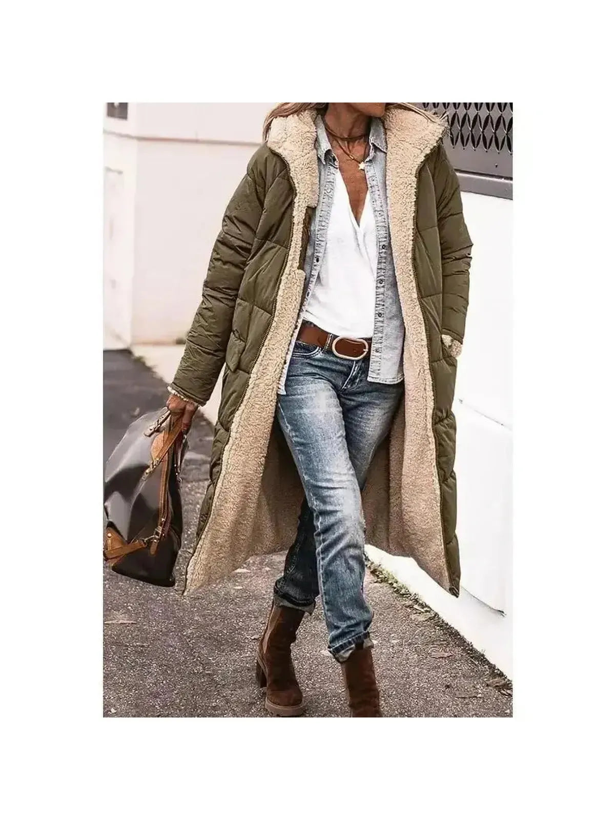 Reversible Longline Faux Fur Jacket with Sherpa Lining for Women – Elegant Winter Coat 0