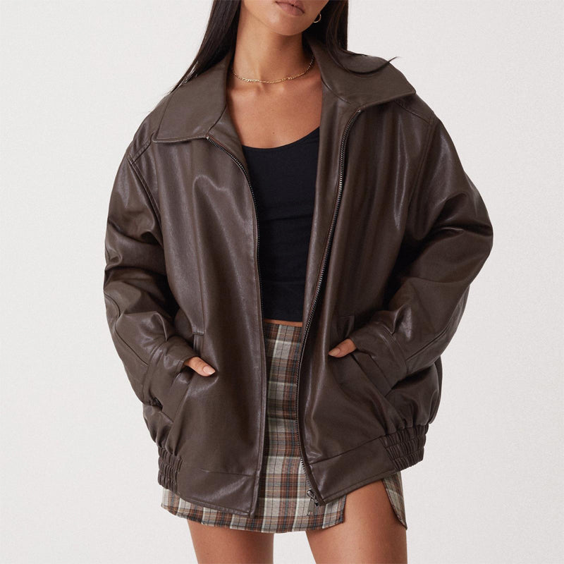 Sage | Oversized Faux Leather Bomber Jacket - ginlerie 0