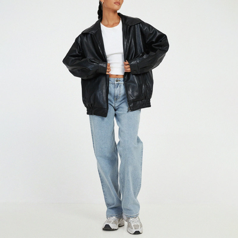 Sage | Oversized Faux Leather Bomber Jacket - ginlerie 4