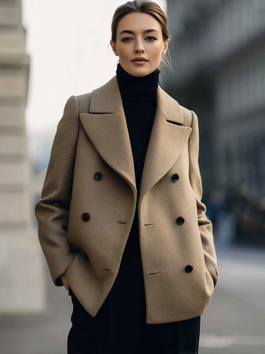 Short Double-Breasted Camel Coat for Women – Tailored Fit with Oversized Lapel 0
