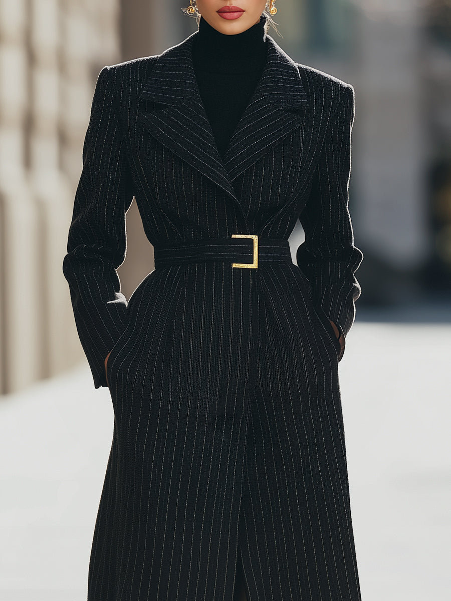 Structured Pinstripe Belted Long Coat – Premium Wool-Blend Outerwear 1