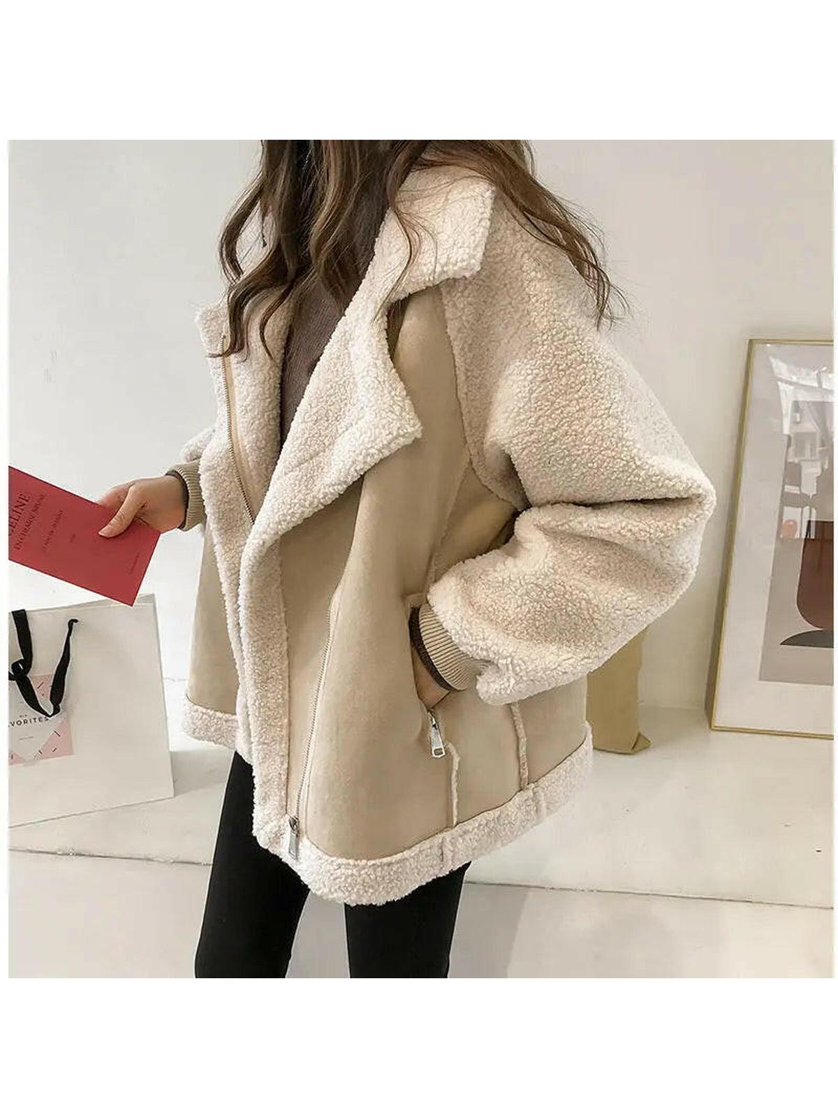 Stylish Faux Shearling Zip-Up Jacket for Women – Cozy and Chic Outerwear 0