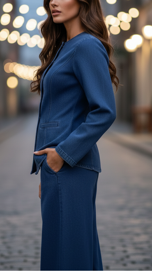Tailored Denim Two-Piece Suit with Double-Breasted Blazer and High-Rise Trousers 2