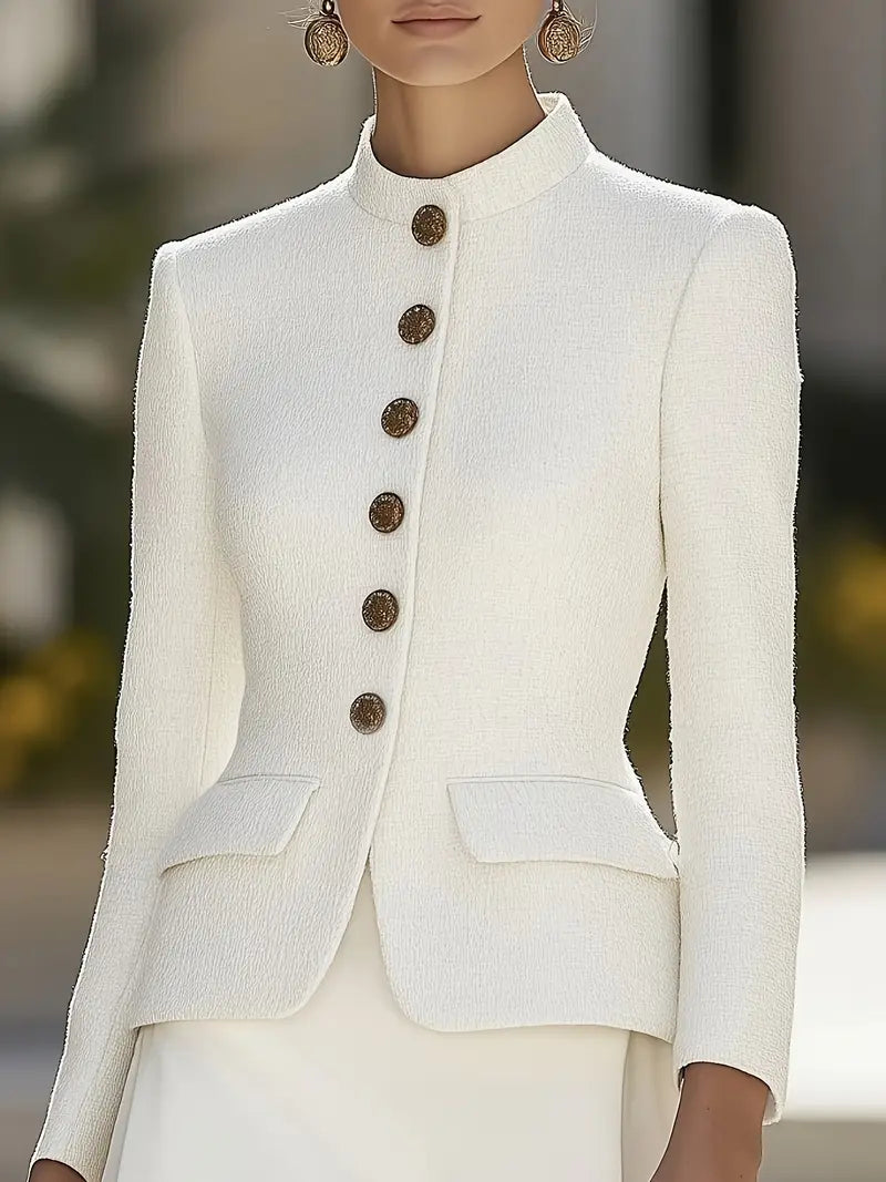 Textured Blazer with Stand Collar and Gold Buttons – Elegant Tailored Fit 0