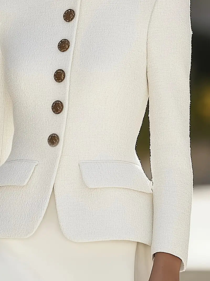 Textured Blazer with Stand Collar and Gold Buttons – Elegant Tailored Fit 1