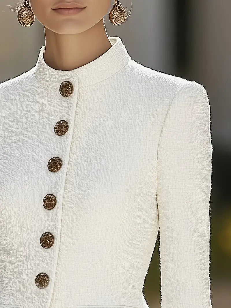 Textured Blazer with Stand Collar and Gold Buttons – Elegant Tailored Fit 2