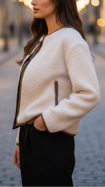 Textured Tie-Front Cropped Jacket for Women – Soft Wool-Blend Fabric, Modern Design, Waist-Length, Relaxed Fit 2