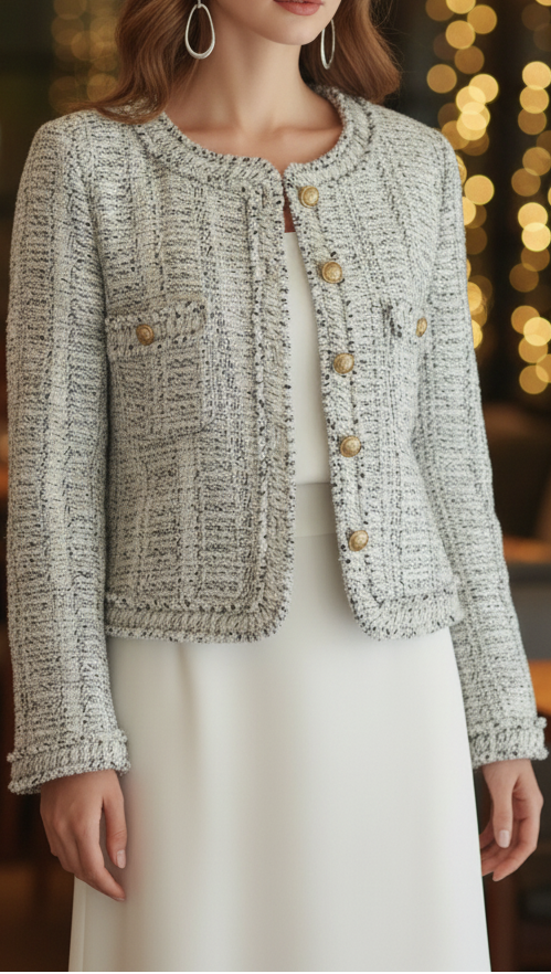 Tweed Jacket with Contrast Trim – Elegant Pastel Weave, Tailored Fit for Versatile Styling 1