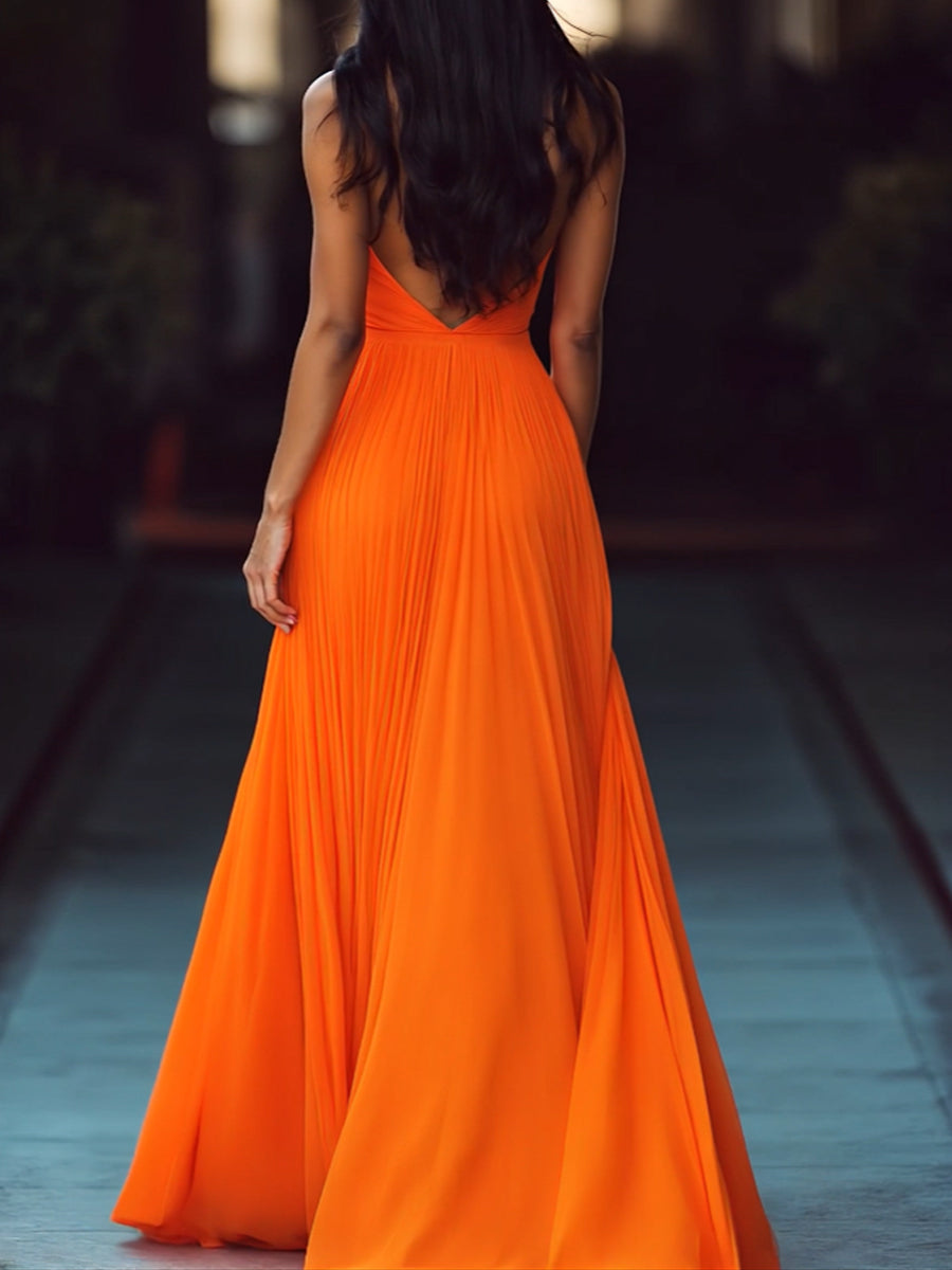 V Neck Halter Pleat Maxi Dress – Elegant Floor-Length Evening Dress 4