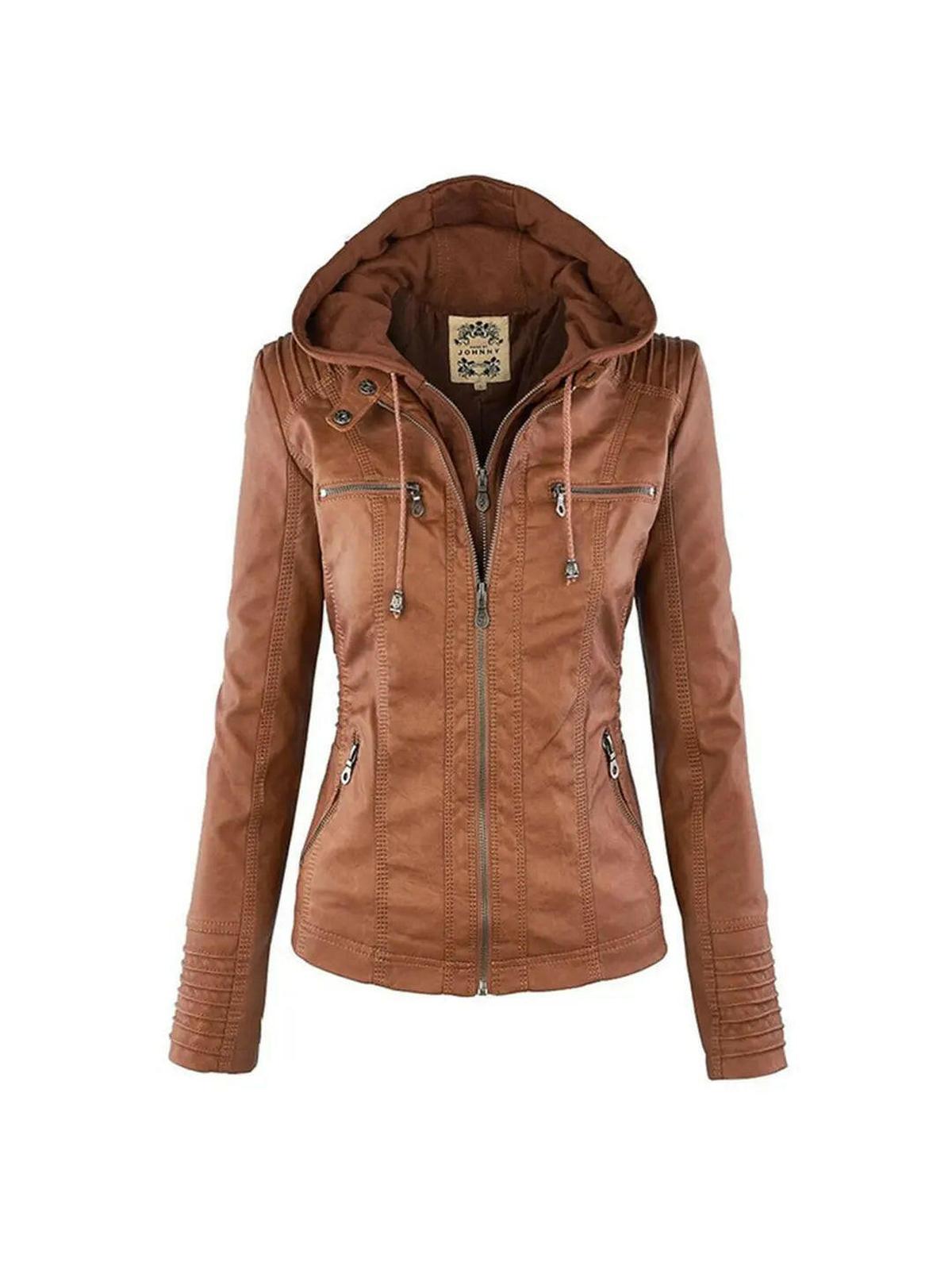Waterproof Women's Leather Jacket with Removable Hood – Elegant, Durable Design for All Occasions 0