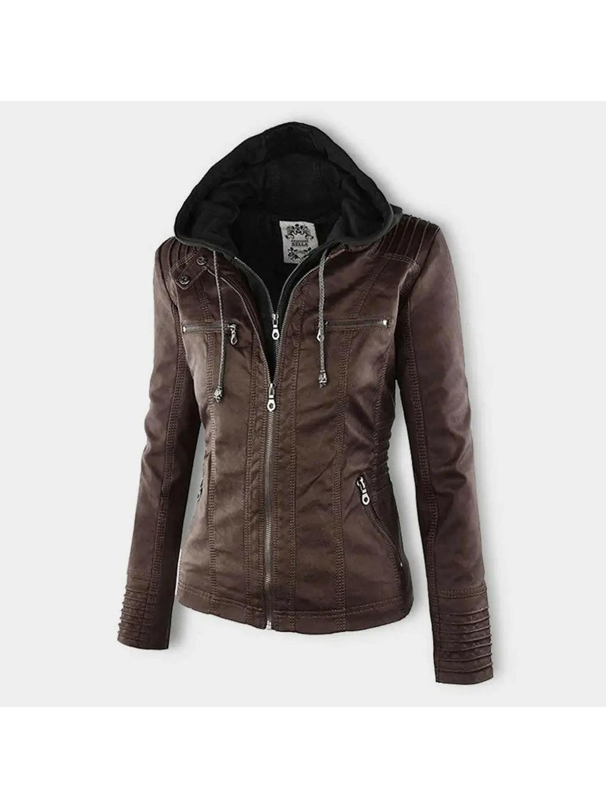 Waterproof Women's Leather Jacket with Removable Hood – Elegant, Durable Design for All Occasions 7