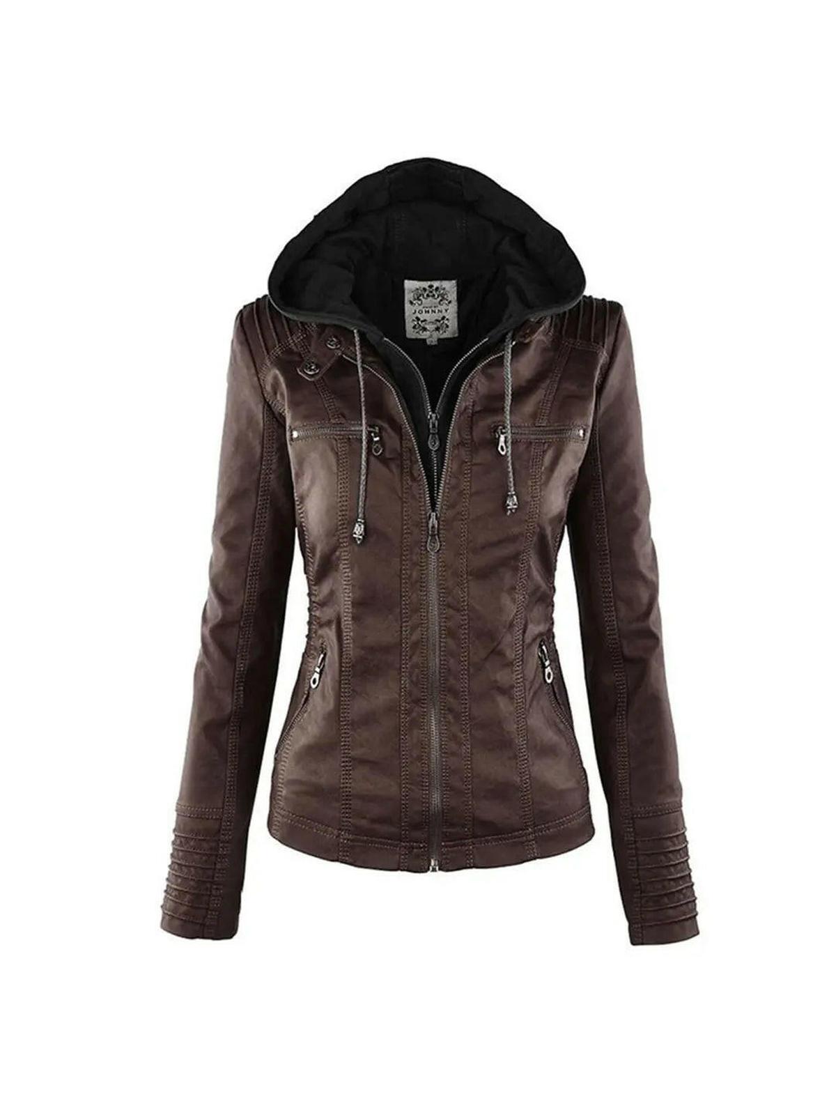 Waterproof Women's Leather Jacket with Removable Hood – Elegant, Durable Design for All Occasions 9