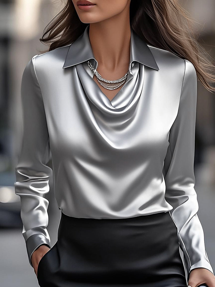 White Satin Blouse with Draped Neckline – Elegant Women's Top for Versatile Wear 9