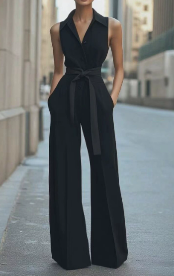 Wide-Leg Sleeveless Jumpsuit with Self-Tie Waist – Elegant Tailored Design 4
