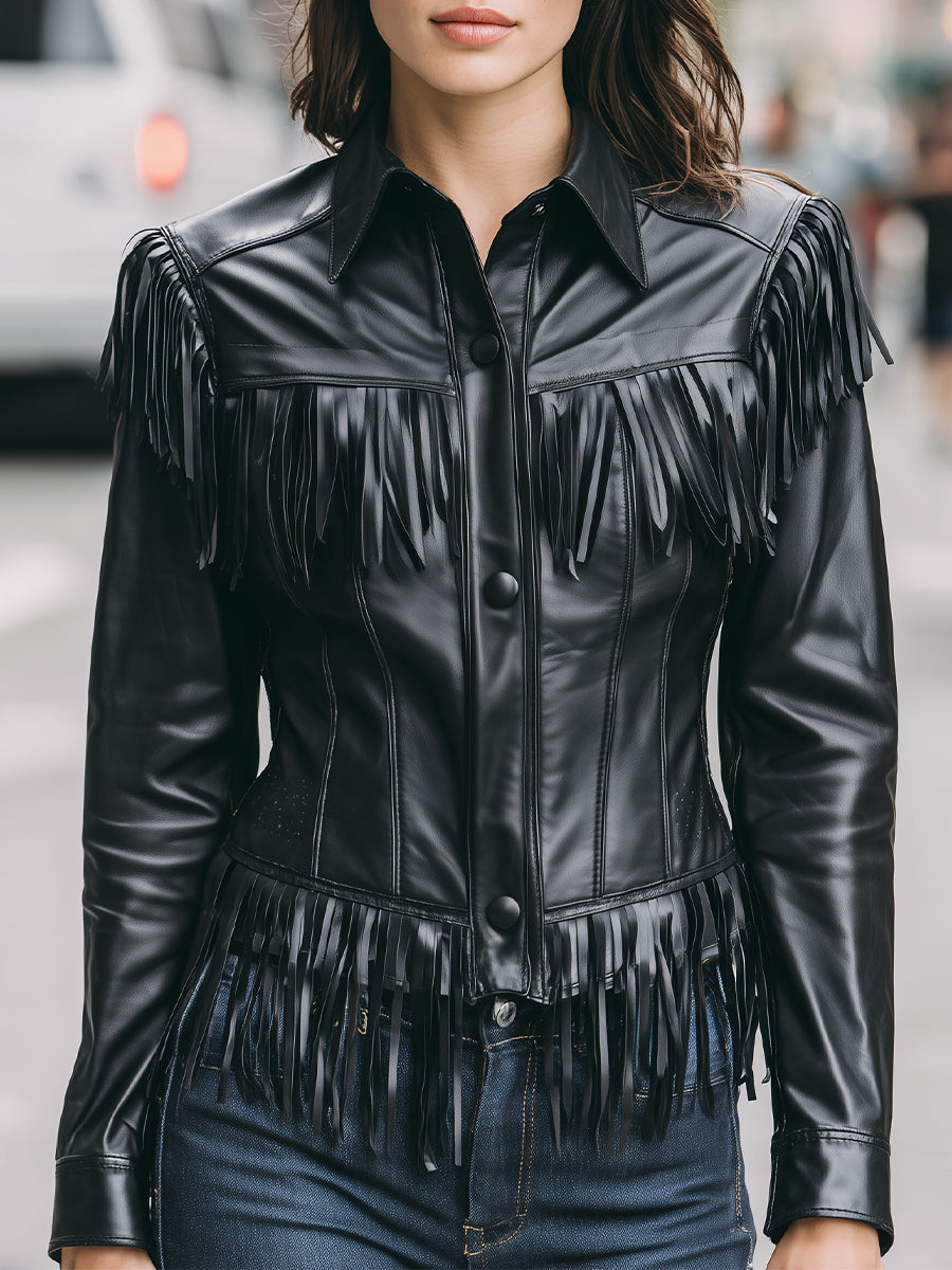 Women's Faux Leather Jacket with Fringe Detail – Edgy Hip-Length Outerwear for Versatile Style 0
