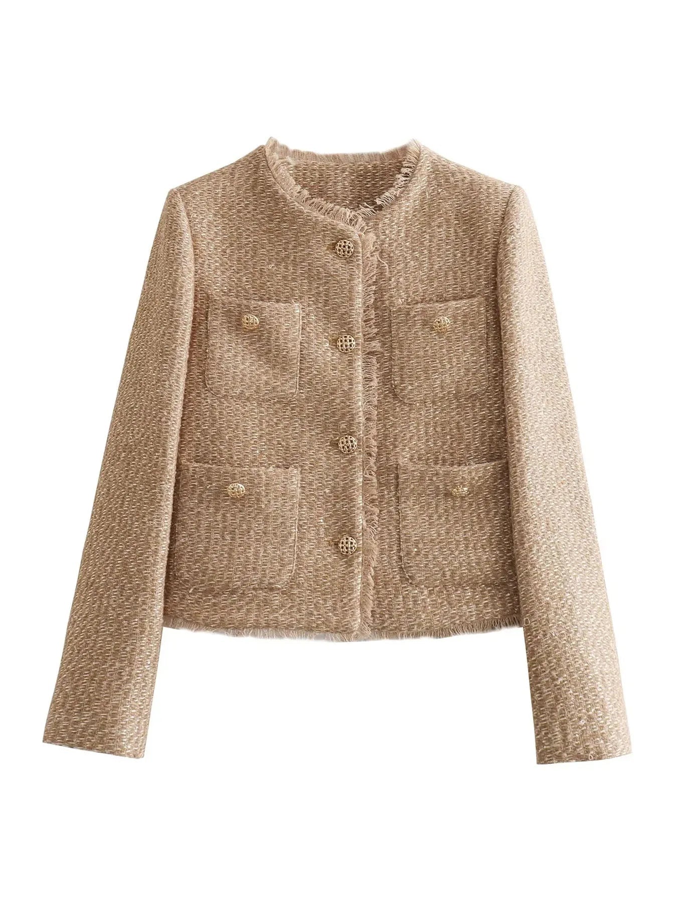 Women's Tweed Jacket Beige Size M High-Quality Fabric 4