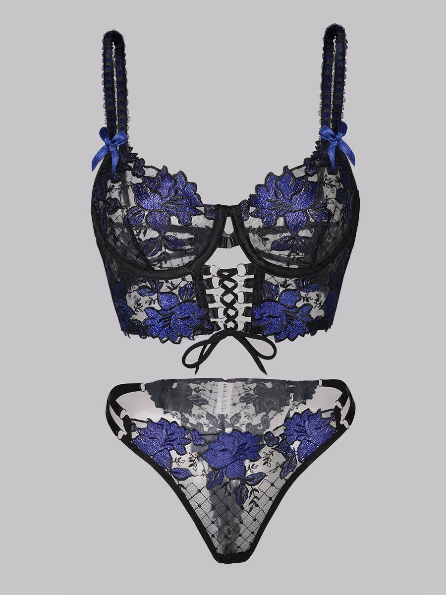Black&Blue Floral Embroidery Ribbon Lingerie Set - ginlerie
