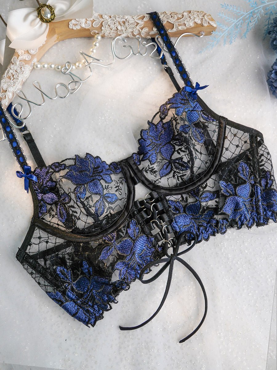 Black&Blue Floral Embroidery Ribbon Lingerie Set - ginlerie