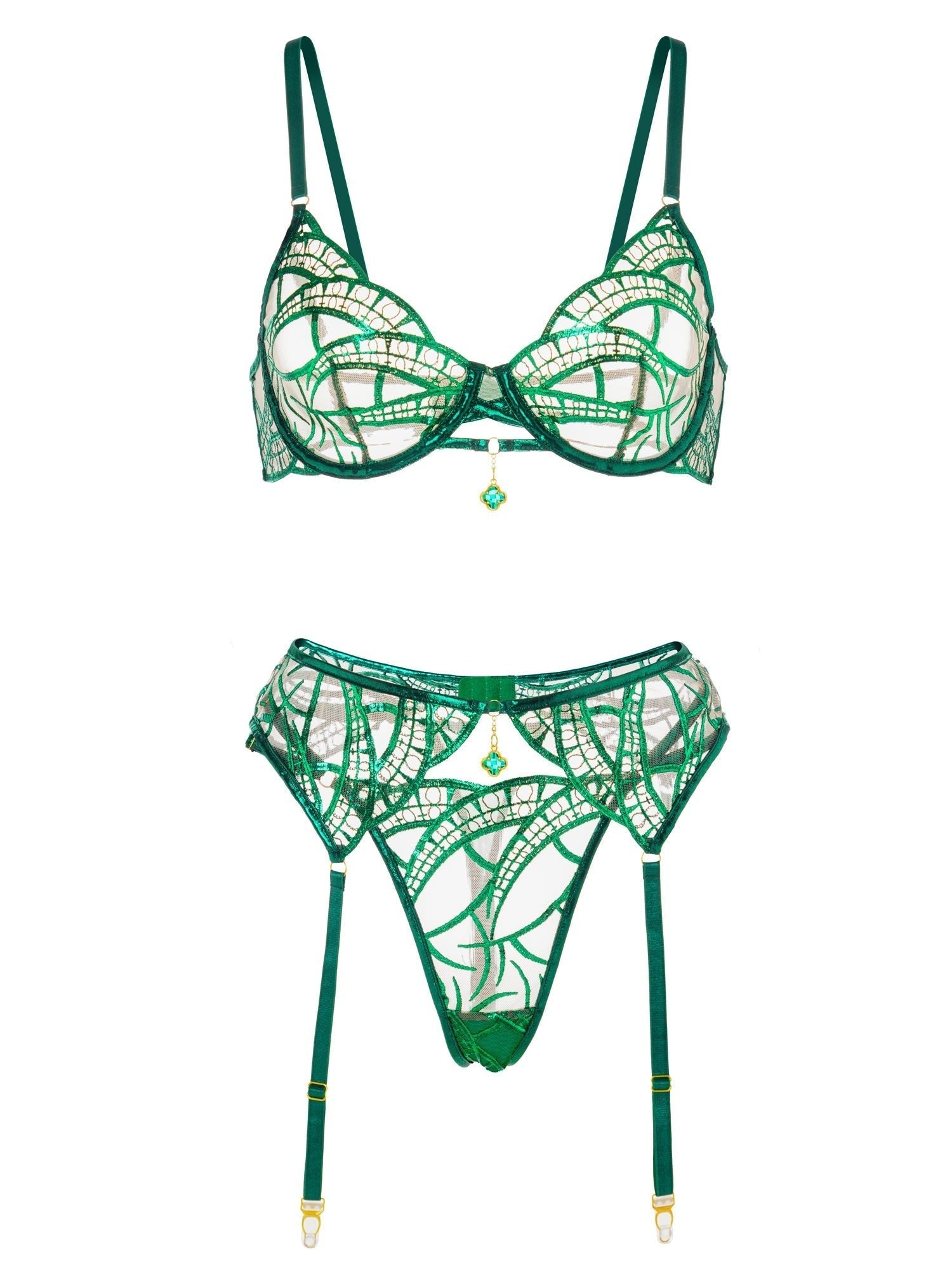 Luxe Green Metallic Foil Lace Lingerie Set - ginlerie