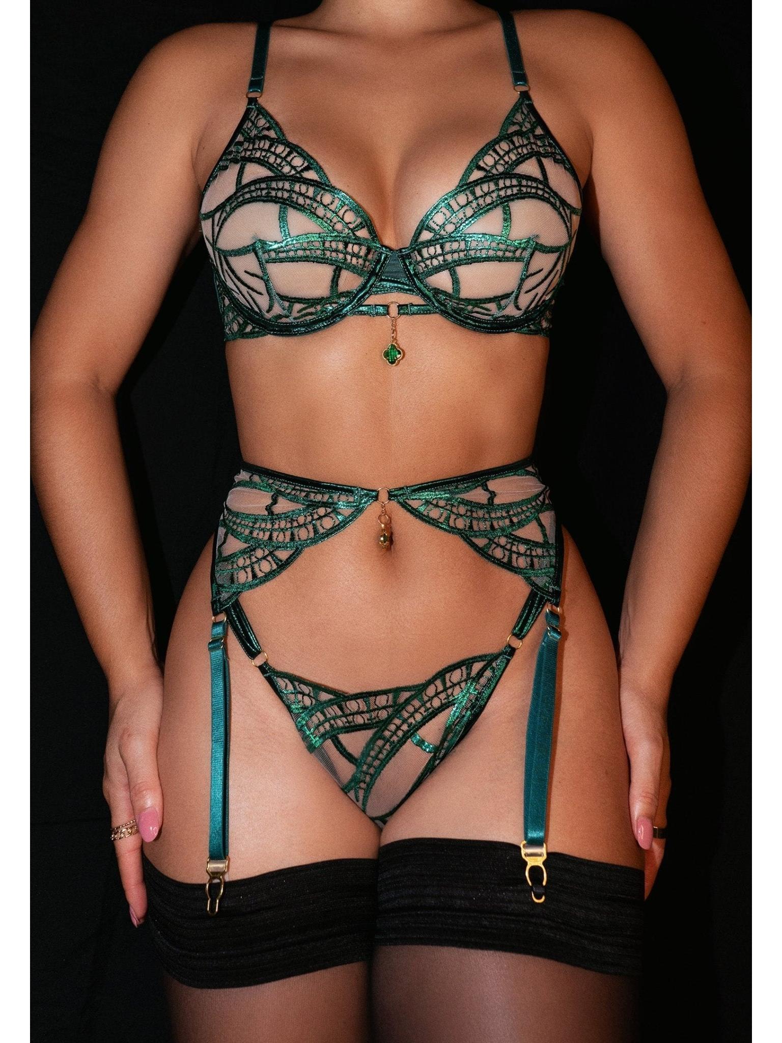 Luxe Green Metallic Foil Lace Lingerie Set - ginlerie