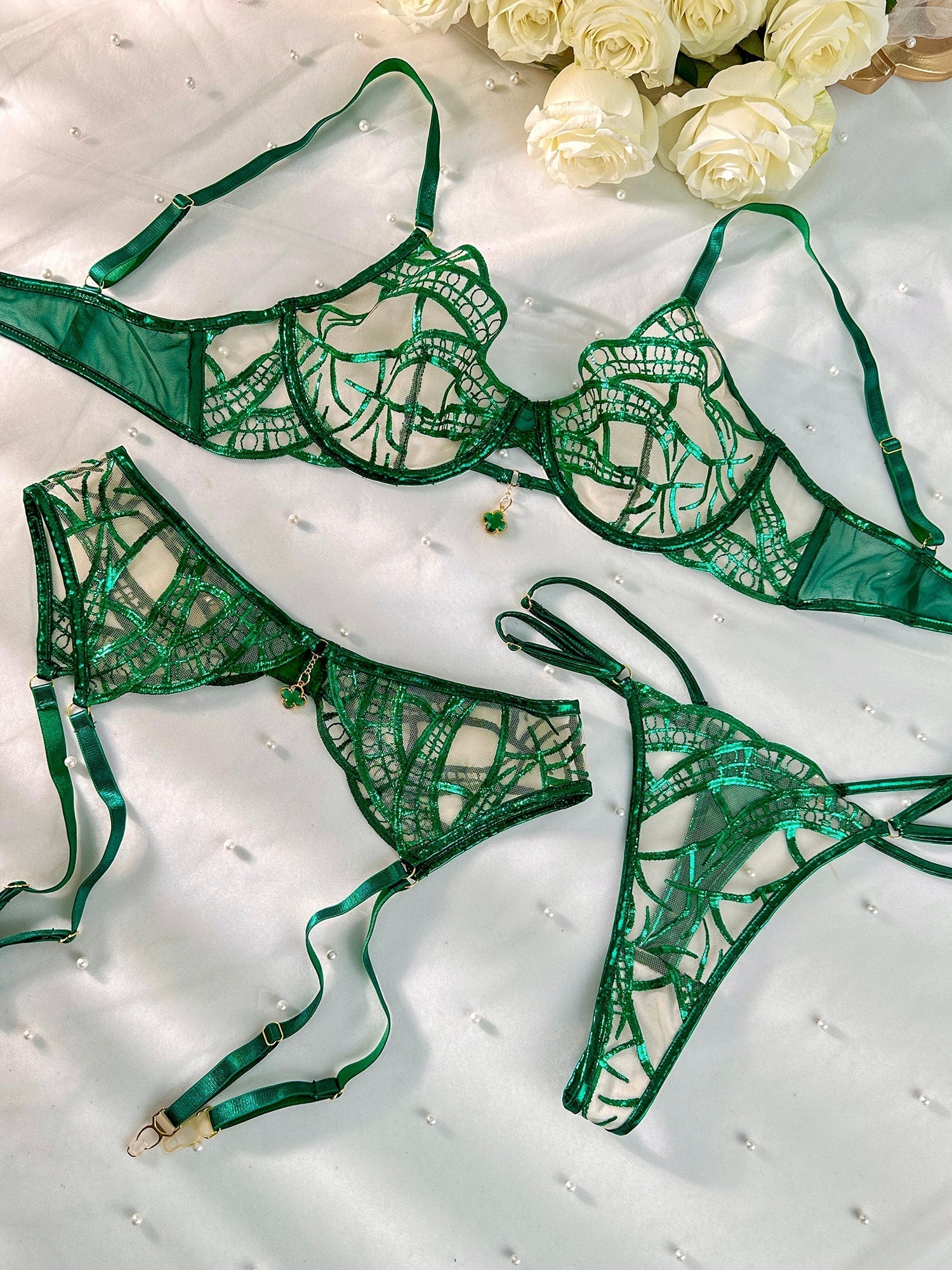 Luxe Green Metallic Foil Lace Lingerie Set - ginlerie