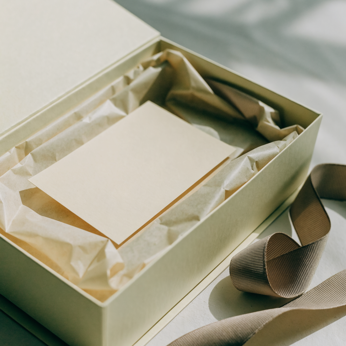 Open cream gift box with tissue paper and taupe ribbon